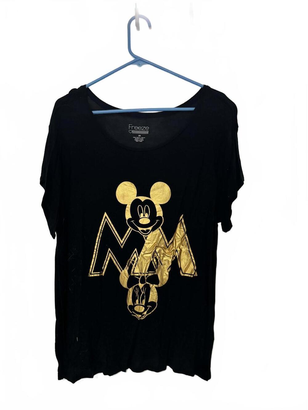 Freeze Black Rayon T-Shirt with Gold Mickey Mouse Print, Size 2X